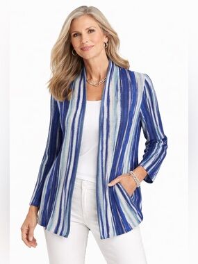 NWT Chico's Boho Linen Broken Stripe Cocoon Sweater Cardigan Medium Blue Cozy